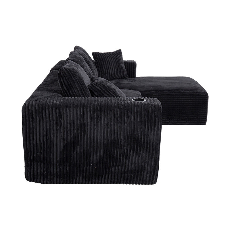 Sofa Sudut Berbentuk L Besar dalam Korduroi Hitam dengan Modul Buih Penuh, Berbilang Kusyen dan Pemegang Cawan Terbina dalam Sofa Sudut Berbentuk L Besar dalam Korduroi Hitam dengan Modul Buih Penuh, Berbilang Kusyen dan Pemegang Cawan Terbina dalam