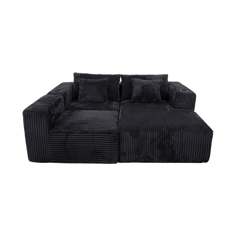 Sofa Sudut Berbentuk L Besar dalam Korduroi Hitam dengan Modul Buih Penuh, Berbilang Kusyen dan Pemegang Cawan Terbina dalam Sofa Sudut Berbentuk L Besar dalam Korduroi Hitam dengan Modul Buih Penuh, Berbilang Kusyen dan Pemegang Cawan Terbina dalam