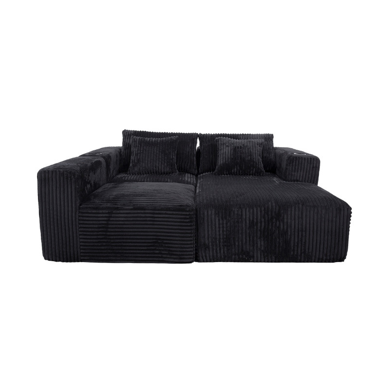 Sofa Sudut Berbentuk L Besar dalam Korduroi Hitam dengan Modul Buih Penuh, Berbilang Kusyen dan Pemegang Cawan Terbina dalam Sofa Sudut Berbentuk L Besar dalam Korduroi Hitam dengan Modul Buih Penuh, Berbilang Kusyen dan Pemegang Cawan Terbina dalam