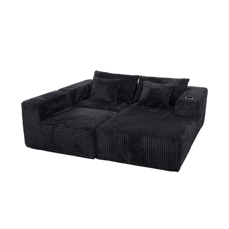 Sofa Sudut Berbentuk L Besar dalam Korduroi Hitam dengan Modul Buih Penuh, Berbilang Kusyen dan Pemegang Cawan Terbina dalam Sofa Sudut Berbentuk L Besar dalam Korduroi Hitam dengan Modul Buih Penuh, Berbilang Kusyen dan Pemegang Cawan Terbina dalam