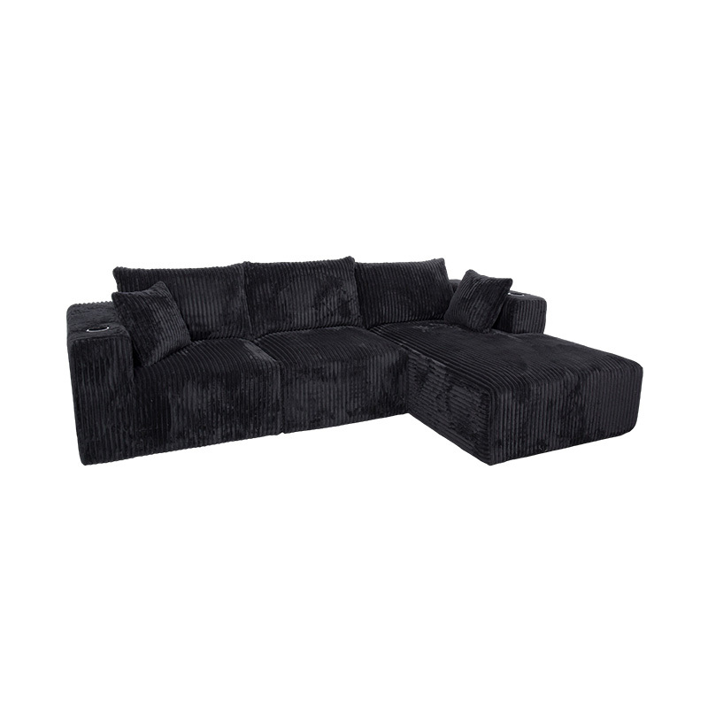 Sofa Sudut Berbentuk L Besar dalam Korduroi Hitam dengan Modul Buih Penuh, Berbilang Kusyen dan Pemegang Cawan Terbina dalam Sofa Sudut Berbentuk L Besar dalam Korduroi Hitam dengan Modul Buih Penuh, Berbilang Kusyen dan Pemegang Cawan Terbina dalam