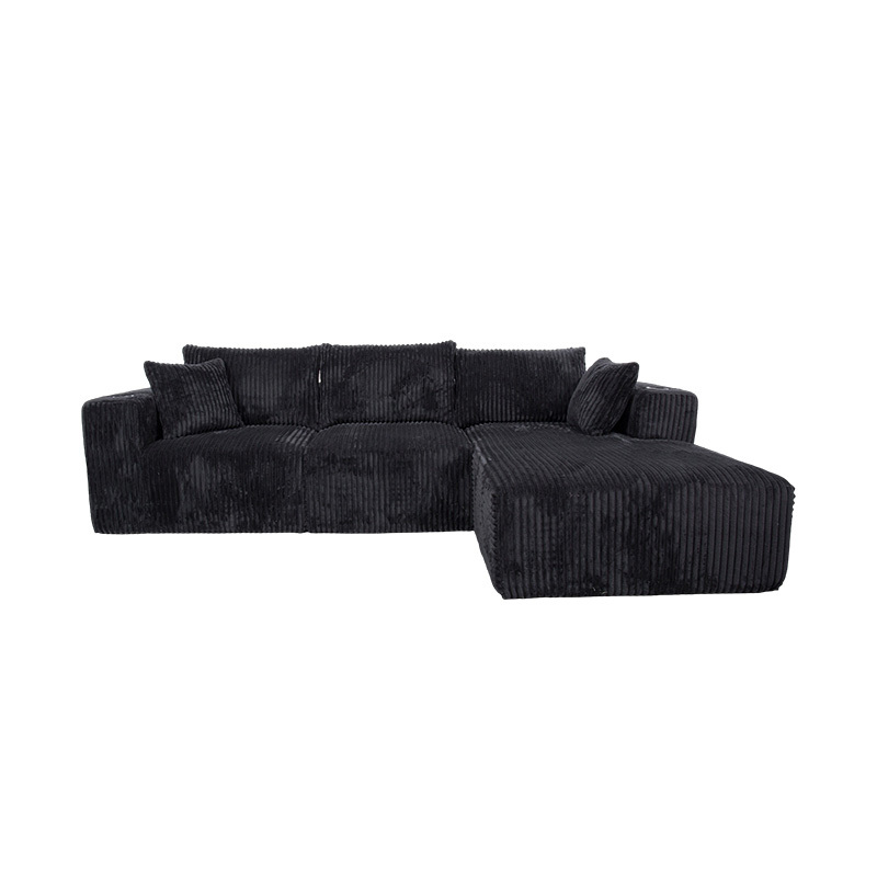 Sofa Sudut Berbentuk L Besar dalam Korduroi Hitam dengan Modul Buih Penuh, Berbilang Kusyen dan Pemegang Cawan Terbina dalam Sofa Sudut Berbentuk L Besar dalam Korduroi Hitam dengan Modul Buih Penuh, Berbilang Kusyen dan Pemegang Cawan Terbina dalam